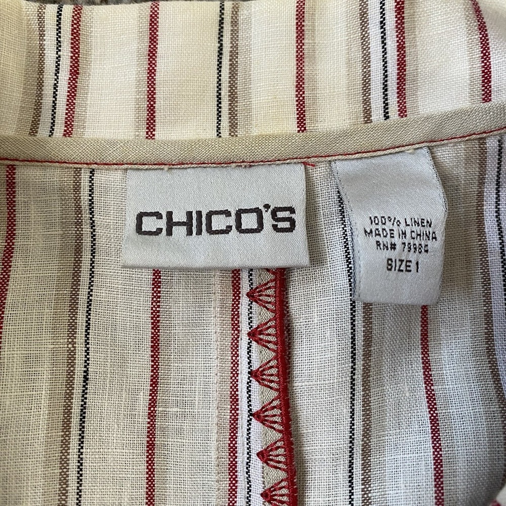 Chicos 100% Linen Blazer Size M Striped Cream Long Sleeve Relaxed Coastal Scandi - Picture 7 of 9